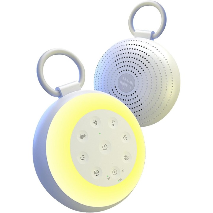 Dispozitiv inteligent de monitorizare a somnului, Omelivon, cu 24 de sunete si 7 culori, suportand incarcarea prin USB, avand un player integrat cu efecte sonore pentru somn, precum si un timer pentru luminile nocturne si un player audio