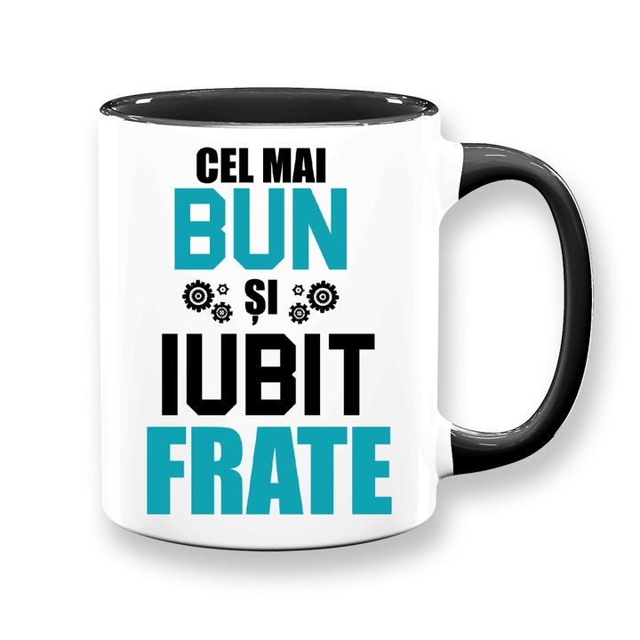 Cana personalizata pentru Frate cu mesaj:"Cel mai bun si iubit Frate", Model 1, Betaprint, alba cu interior negru, 330ml
