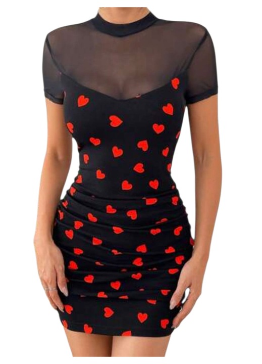 Rochie mini, mulata, neagra cu inimioare, din bumbac, XL