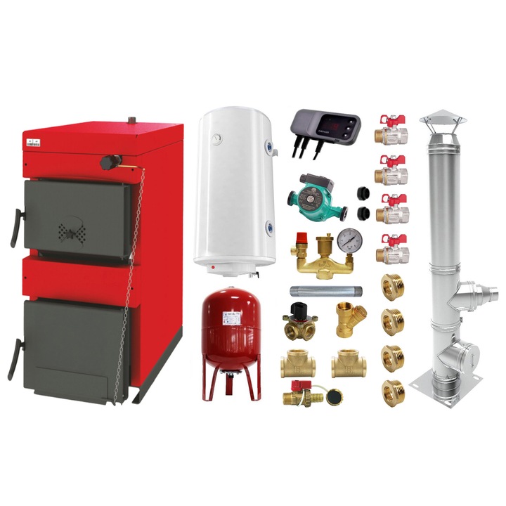 Set Centrala pe combustibil solid ​Sunsystem Burnit NWB 45 kW, cos inox, boiler termoelectric, vas expansiune, pompa circulare