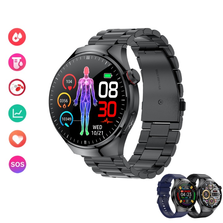 Смарт часовник Lommad®, Измерване на кръвна захар без пункция, Пикочна киселина, ЕКГ, Кръвно налягане, Температура, Индекс на телесни мазнини, SOS, Bluetooth, AMOLED 1.43'', Батерия 450 mAh, Водоустойчив IP68, Черен + 2 каишки