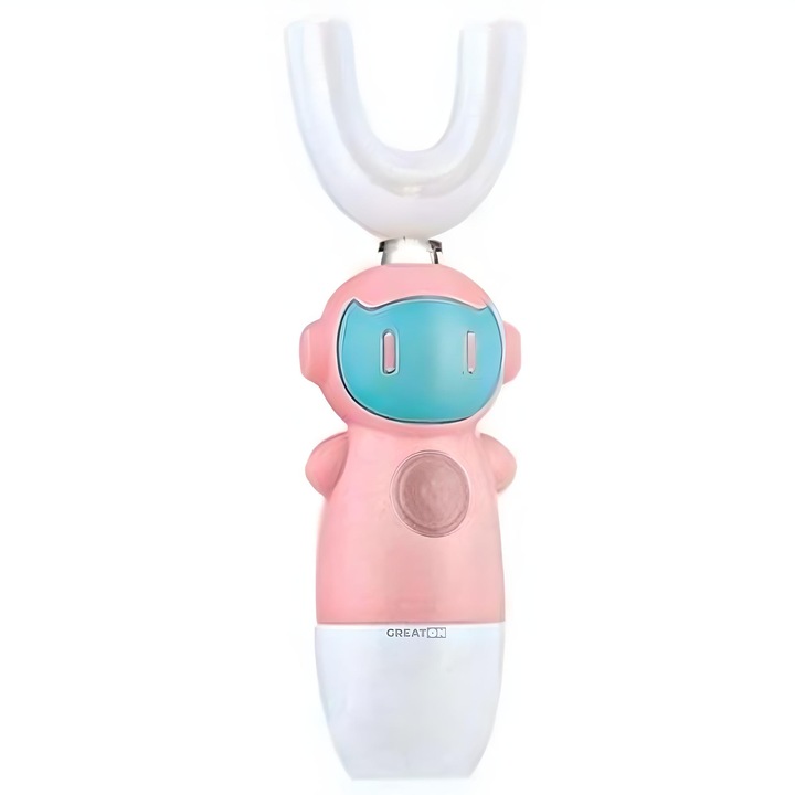 GREATON U alakú elektromos fogkefe gyerekeknek, 3-12 éves korig, 360 fokos tisztítás, élelmiszeripari szilikon fej, elemes, rózsaszín/kék