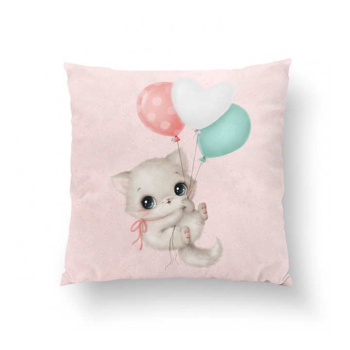 Material textil, Panou de bumbac 38x38 cm Little cuties roz Cat cu baloane, bumbac 100%