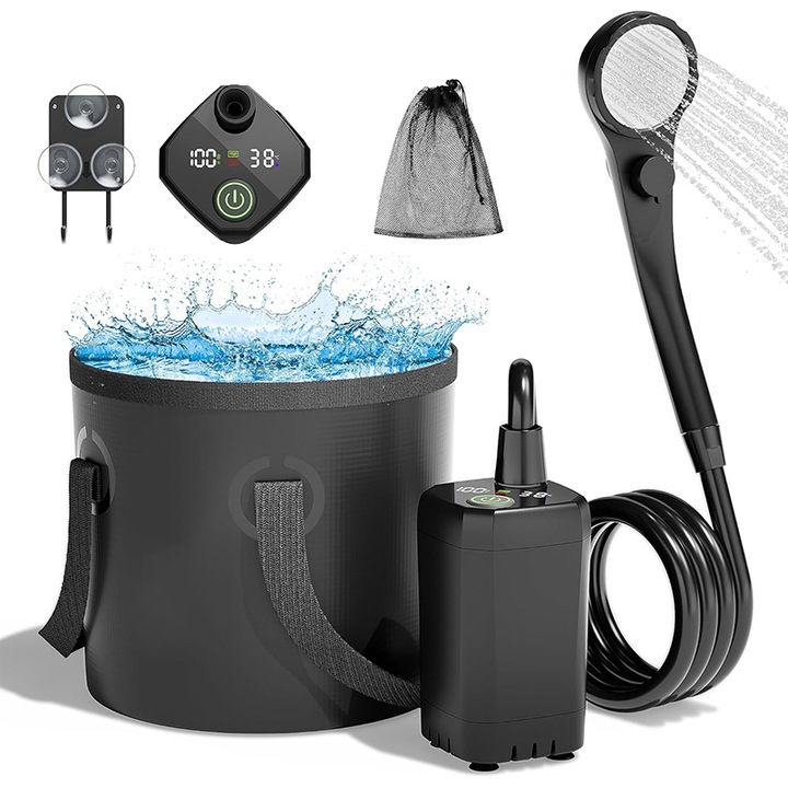 Dus Portabil Camping, Rqiurpn, 6000mAh, Ecran LED, Moduri Pulverizare, IPX7 Waterproof, cu Galeata Pliabila, Furtun, Pompa, Cablu USB, Carlig, Husa, drumetii，nergu