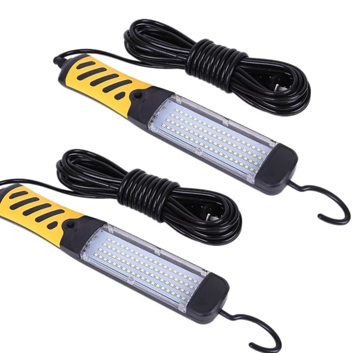 2X Hordozható LED Munkalámpa Mágnessel és Akasztóval, 100 LED, 1200lm, 8m Kábel, 15W, IP41, 6500K, Fekete-Sárga