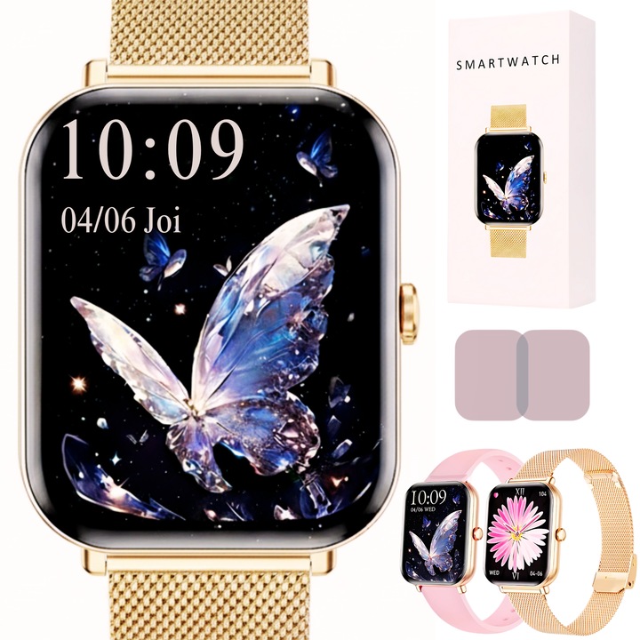 Ceas smartwatch dama Wingereich® premium, aliaj de lux, ecran HD de 1.75 de inci, sport, rezistent la apa, monitorizare ritm cardiac, tensiune arteriala, SpO2, pasi, notificari, apelare Bluetooth, monitorizare somn, 2 bratari incluse, auriu
