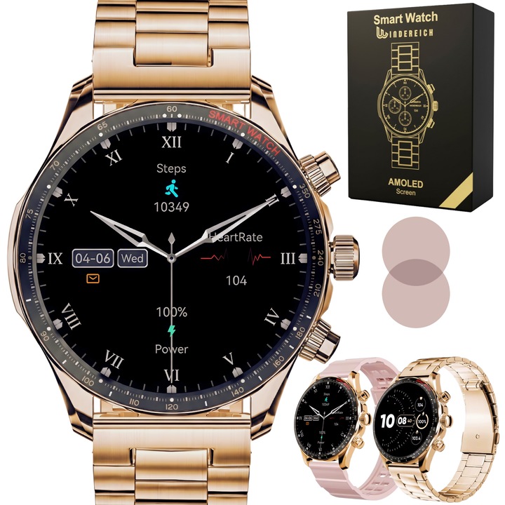 Ceas smartwatch barbati Wingereich premium, aliaj de lux, inteligent, fitness, sport, functii smart, rezistent apa, ritm cardiac, numarat pasi, notificari, wireless, apelare Bluetooth, microfon HD, monitorizare somn, 2 bratari incluse, auriu