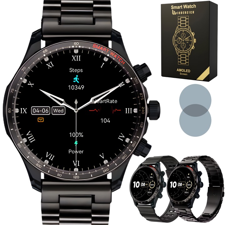 Ceas smartwatch barbati Wingereich premium, aliaj de lux, inteligent, fitness, sport, functii smart, rezistent apa, ritm cardiac, numarat pasi, notificari, wireless, apelare Bluetooth, microfon HD, monitorizare somn, 2 bratari incluse, negru