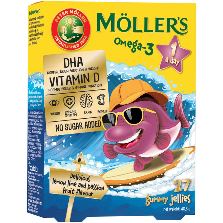 Pestisori Gumati Omega 3 Moller's, cu aroma de Fructul Pasiunii, 27 jeleuri