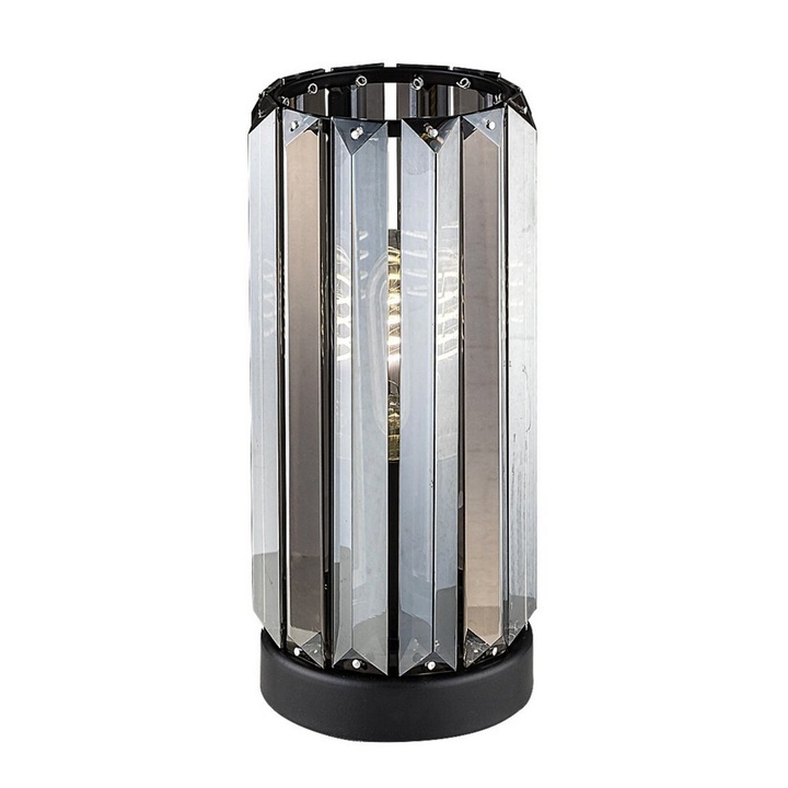 Veioza, din metal, abajur din sticla colorata, baza decorativa rotunda mica, surse de iluminat cu soclu E27, 40 W, 220 x 105 mm, IP20, negru mat