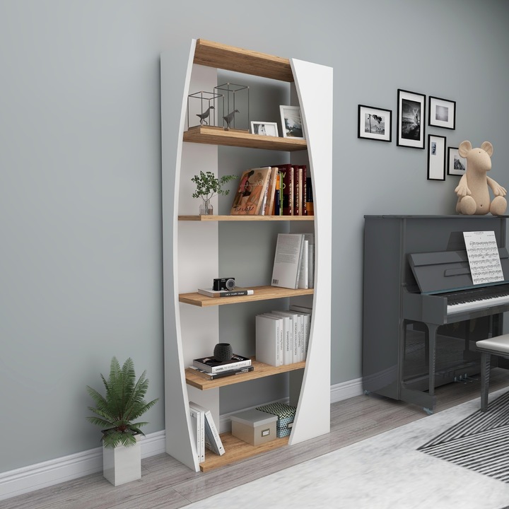 Biblioteca, UnicUtil®, Biblioteca Living Elegant Storage, 63.6 x 23.8 x 150 cm, Mobila Living din PAL Melaminat Durabil, Rafturi Biblioteca cu Design Modern si Functional, Organizare si Depozitare Carti, Documente si Obiecte Decorative, Alb Atlantic Pine