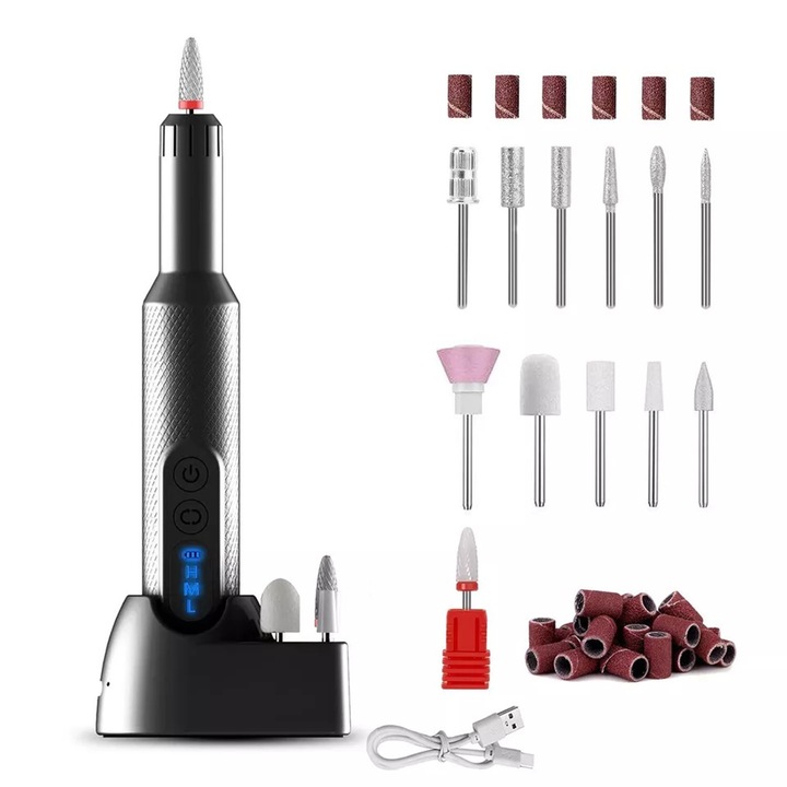 Freza unghii profesionala, pila electrica wireless pentru manichiura-pedichiura, reincarcabila, 18.000 RPM, 12 capete pentru pila, 36 benzi de slefuire, design ergonomic