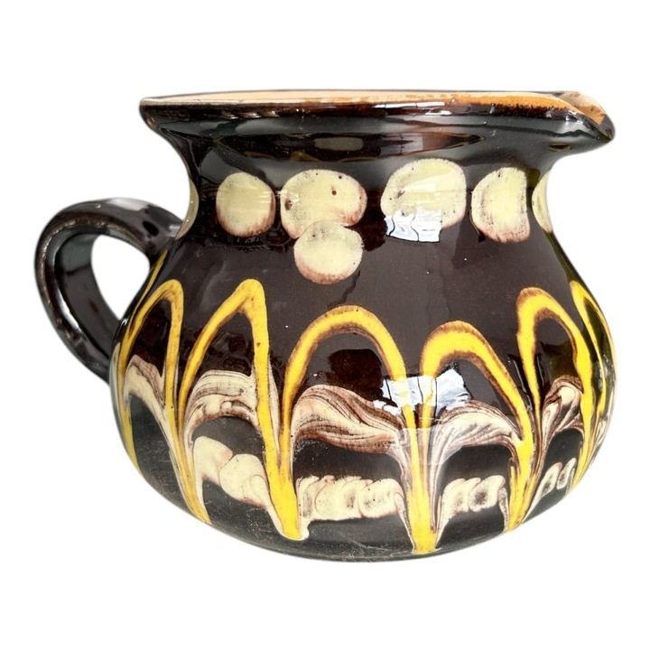 Cana din ceramica, ulcior, traditional, pictat manual, smaltuit, pentru apa, lapte, vin, ceai, 1.3 litri