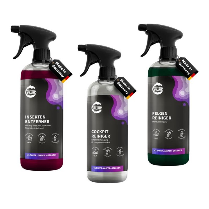 Set 3 x Solutie Premium Ingrijire Auto – Intelligent Fluid: Curatare Bord 500 ml, Curatare Jante Aliaj & Otel 500 ml, Indepartare Insecte & Murdarie Organica 500 ml