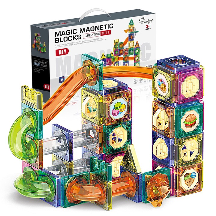 Set de blocuri magnetice 94 piese, Swjoyol, multicolor, 26x8x20cm, pentru copii 3 ani+