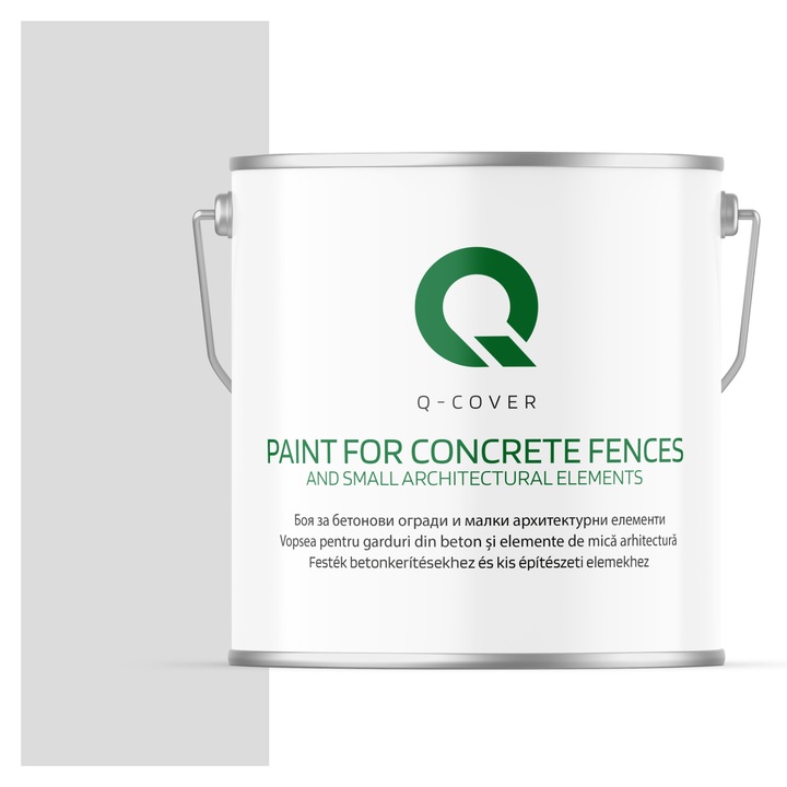 Vopsea pentru garduri din beton si elemente de mica arhitectura, Q-COVER, Alb cu tenta de gri F251, mat, Rezistent la UV, Uscare rapida, Termorezistenta, Antimucegai, Pe baza de apa, Rezistenta la intemperii, 5L