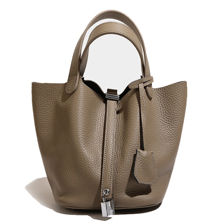 Geantadin piele naturala pentru femei, model cu textura de lychee, culoare maro, dimensiuni 30x40cm