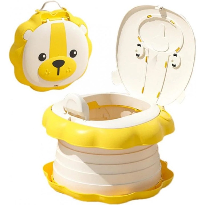 Olita portabila pliabila pentru copii, in forma de leu, fabricata din material ABS ecologic, dotata cu spatar inalt, design ergonomic, capacitate de incarcare de 70 kg, Galben