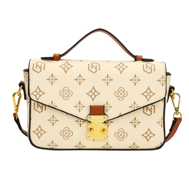 Női divattáska, nyomtatott minta, fehér/barna, kis méret