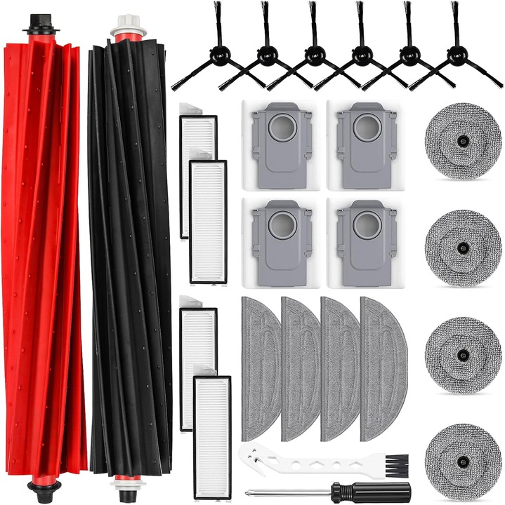 Set kit 26 accesorii compatibile cu aspiratorul robot Roborock S8 Max/MaxV Ultra, Ploomi™, inclusiv 2 perii principale, 4 saci de praf, 4 servetele umede, 4 servetele umede, 4 filtre, 6 perii laterale, 1 perie de curatare si 1 surubelnita