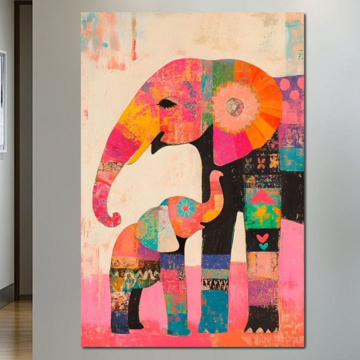 Tablou Canvas Premium, LuxCanva® M1319, Pe Urmele Mamei, 40 X 60 CM, Panza Bumbac 100% 400g/m2, Sasiu Lemn, Familie, Mama, Pui, Elefant, Arta Abstracta, Mozaic, Dragoste, Copilarie, Multicolor, Legatura, Birou, Living, Camera Copil