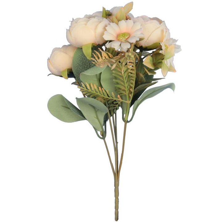 Изкуствен букет с божури и маргаритки, Голиат, 30 см, кремав