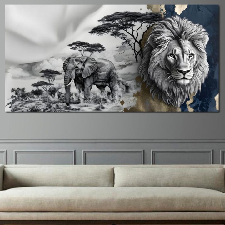 Картина върху платно, LuxCanva® M1320, Царете на саваната, 70 X 140 см, 100% памучно платно 400 г/м2, дървена рамка, Лъв, Слон, Африка, Савана, Сафари, Природа, Животни, За Офис, Хол, Детска стая