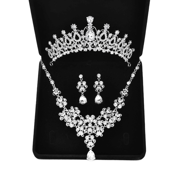 Set bijuterii de nunta, cercei/tiara/ colier argintiu stralucitor, pentru mireasa