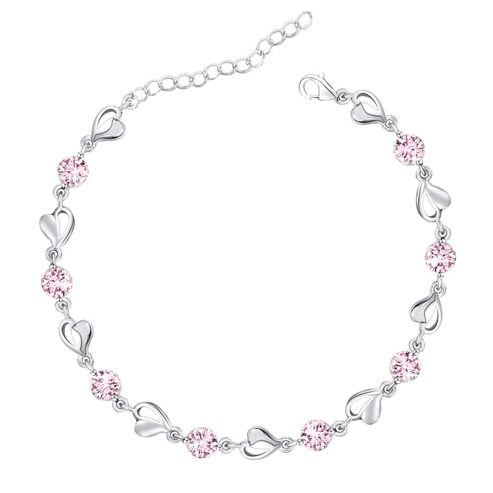Bratara ajustabila din aliaj de calitate cu cristale zirconia, argintie si roz, 12x15cm