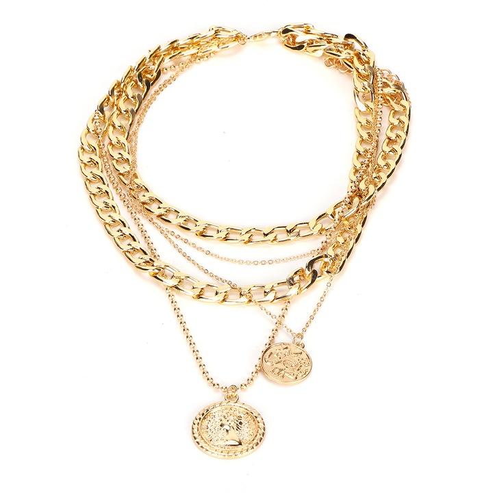 Colier Choker Straturi cu Pandantiv Moneda, Aur