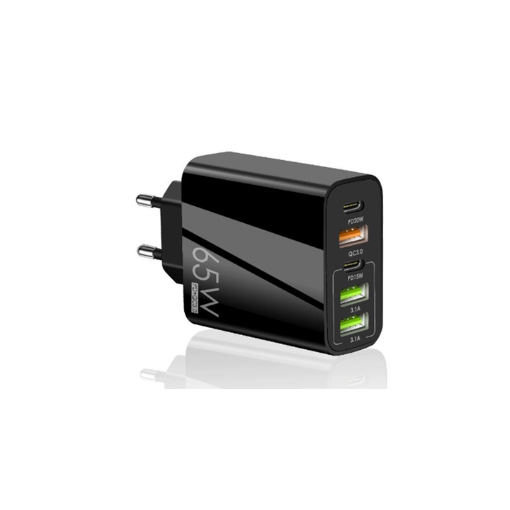 Európai USB utazóadapter, 5 portos, 65W, 6.6A, kompakt