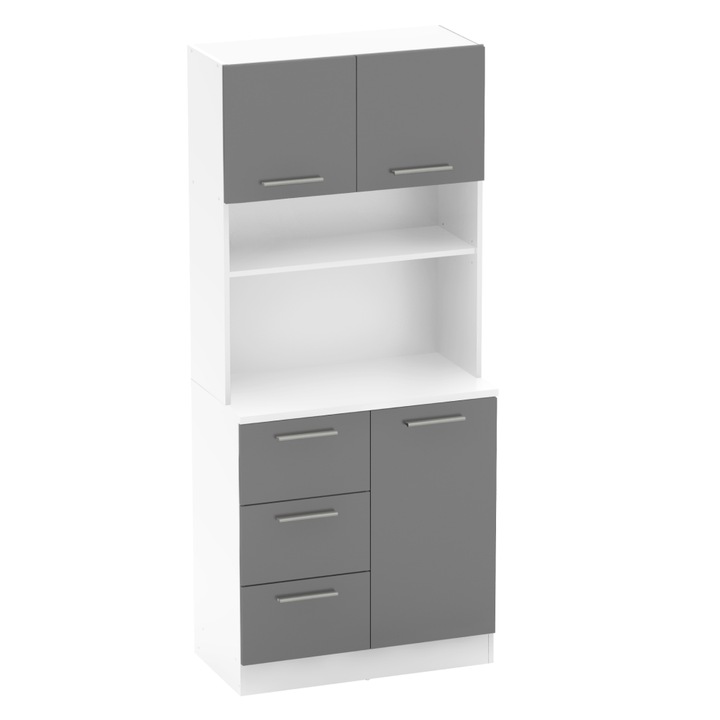 Dulap de bucatarie/living tip bufet, din PAL, cu 3 sertare si 3 usi, cu rafturi, culoare gri/alb, design practic si elegant, 80x43, 3x185 cm