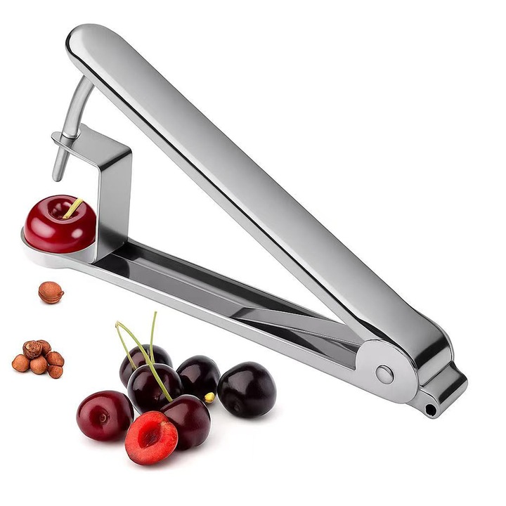 Rozsdamentes acél cseresznyemagozó, ergonomikus kialakítás, olajbogyóhoz és vörös datolyához, 13.3cm, ezüst