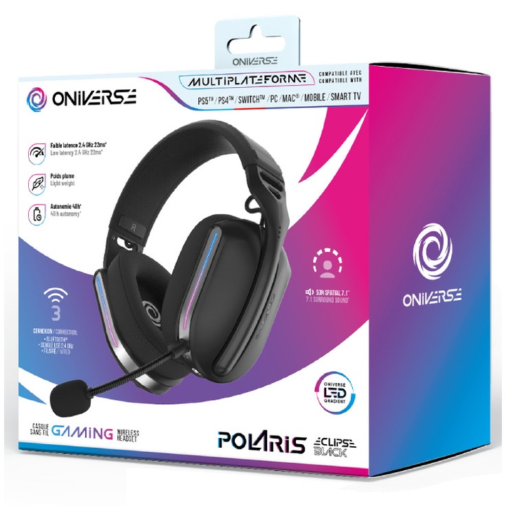 Casti gaming wireless Oniverse Polaris, Bluetooth, dongle USB, negru, latenta 2, 4 GHz, durata baterie 33 ore