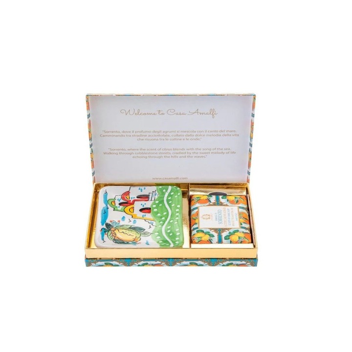 Casa Amalfi kézzel készített szappan ajándékkészlet, Summer in Sorrento, kézzel festett kerámia szappantartó, jojobaolaj, shea vaj, 150 g