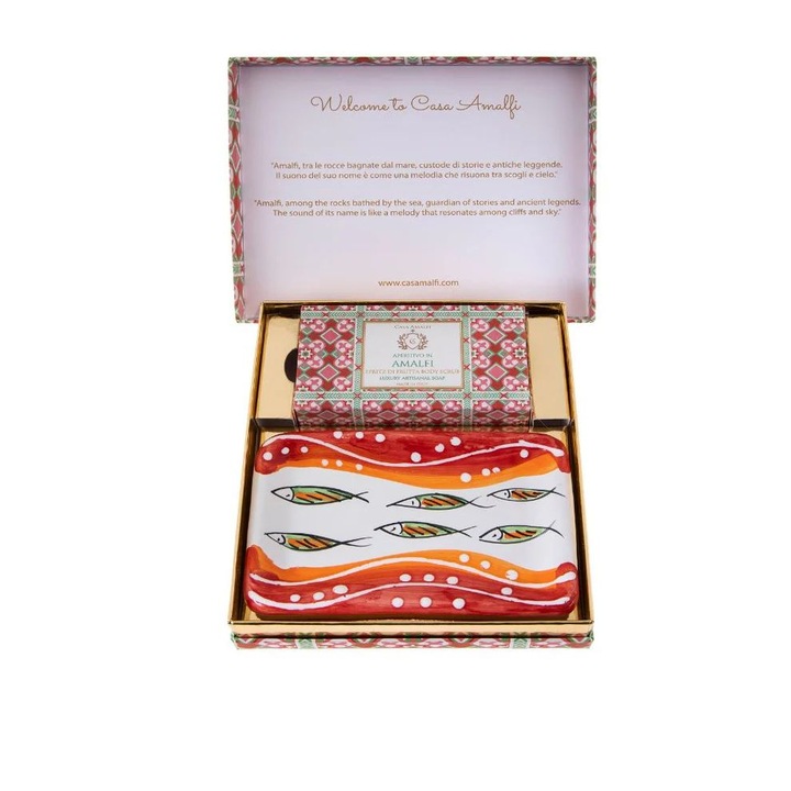 Подаръчен комплект ръчно изработен ексфолиращ сапун с ръчно рисувана сапунерка Casa Amalfi, цитрусови нотки, 150 г