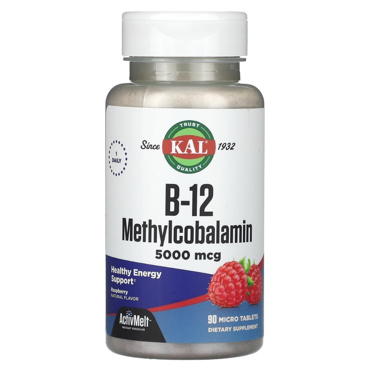 Supliment alimentar B-12 Metilcobalamina, KAL, 5000 mcg, zmeura, 90 microtablete