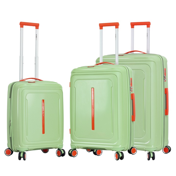 Set trolere extensibile Lee Cooper LC33403, 100%polipropilena, 1 bagaj de cabina si 2 de cala, cifru, 4 roti 360°, verde