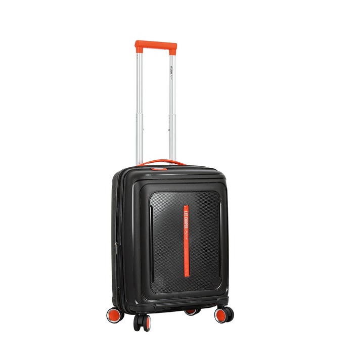 Troler de cabina extensibil Lee Cooper LC33403, 55x37x21 cm, +20% capacitate, bagaj de mana, 100% polipropilena, cifru, negru