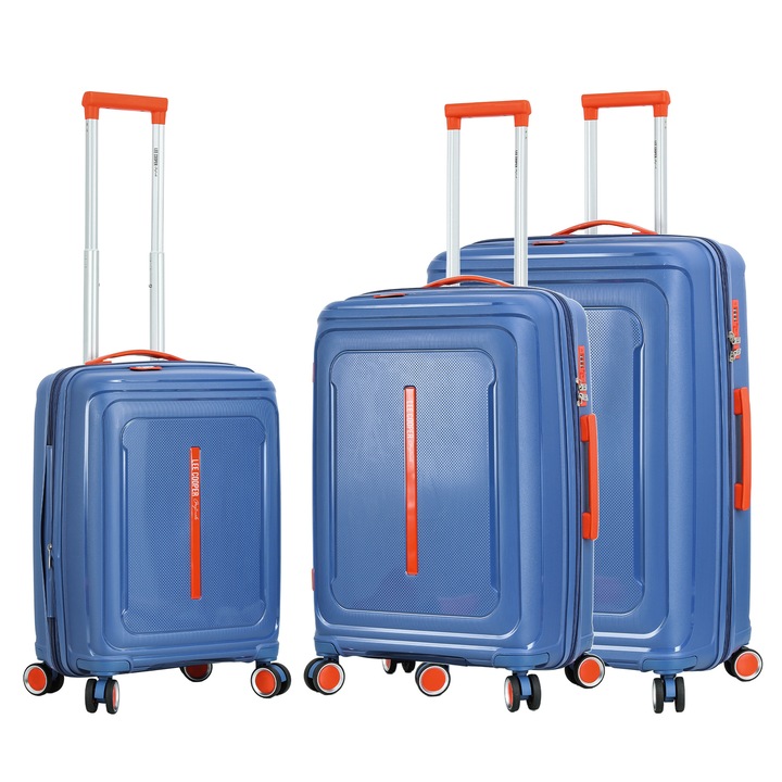Set trolere extensibile Lee Cooper LC33403, 100%polipropilena, 1 bagaj de cabina si 2 de cala, cifru, 4 roti 360°, albastru