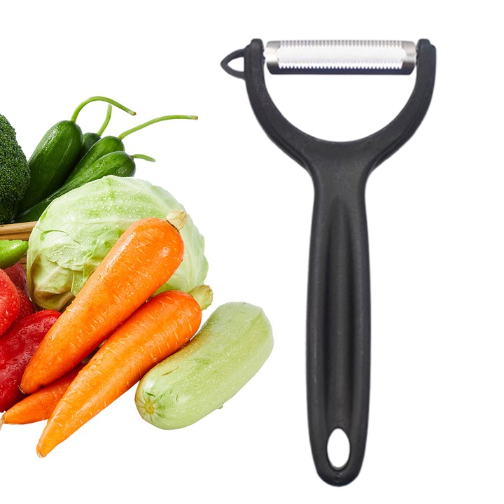 Zöldség- és gyümölcshámozó, rozsdamentes acél, ívelt pengés kialakítás, ergonómikus fogantyú, fekete