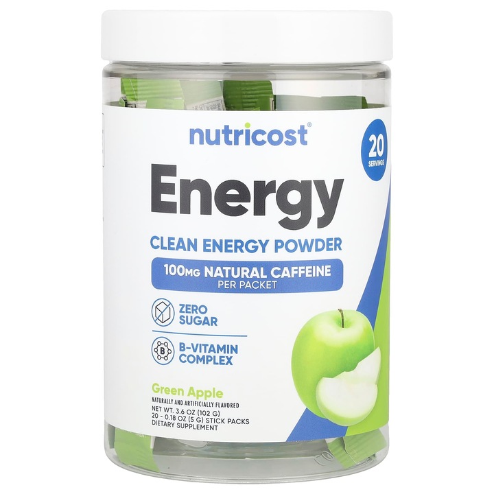 Supliment alimentar pentru energie Nutricost, mar verde, 20 pliculete, 5g fiecare