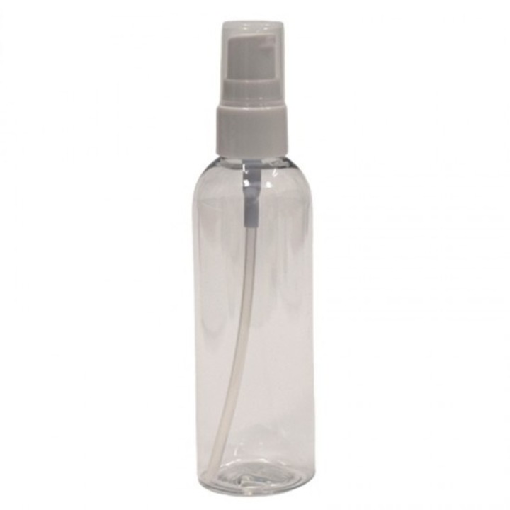 Recipient cosmetic flacon transparent pentru lotiuni lejere, pompa alba, 100ml