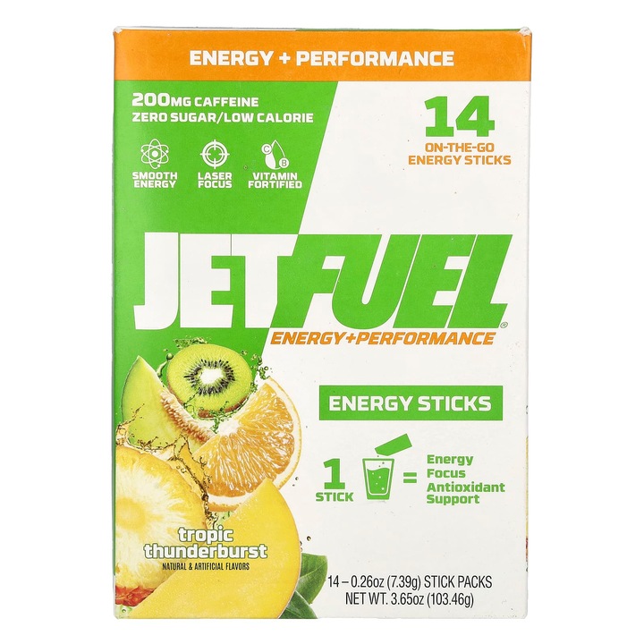 GAT JetFuel Energy Sticks set, 14 pachete, 200 mg cofeina, fara zahar, aroma tropicala