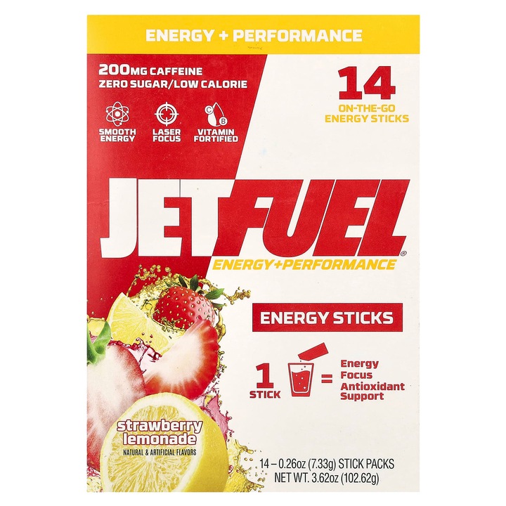 GAT JetFuel Energy Sticks set, aroma truskawkowa lemoniada, 14 pachete x 7,33 g, 200 mg cofeina, fara zahar