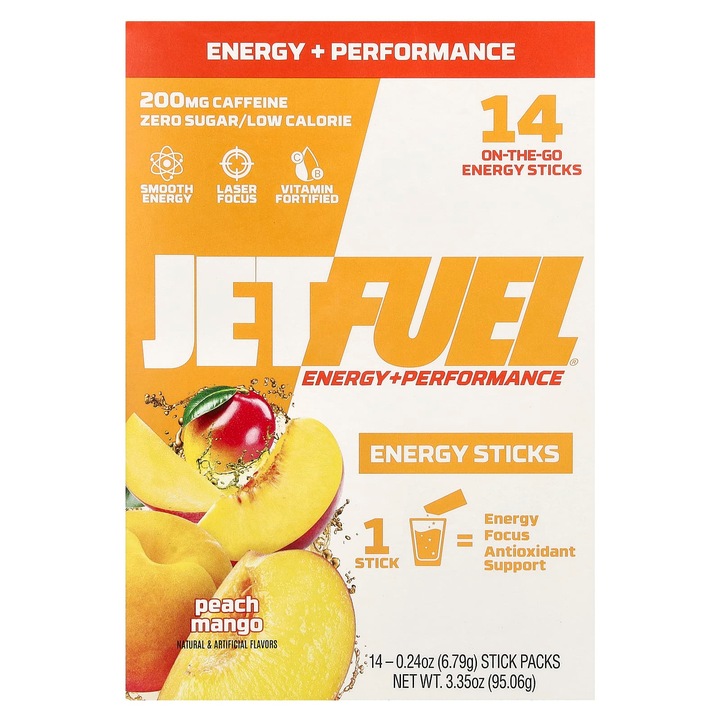GAT JetFuel Energy Sticks, set 14 saszetek, aroma mango piersici, 200 mg cofeina, fara zahar, 6,79 g fiecare