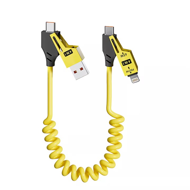 Cablu USB C 4-in-1 65W pentru masina Stone®, cablu Lightning de incarcare rapida, pentru iPhone iPad [CarPlay si Android Auto], cablu multiplu cu port Lightning/Tip C/USB A, 1.5m Galben