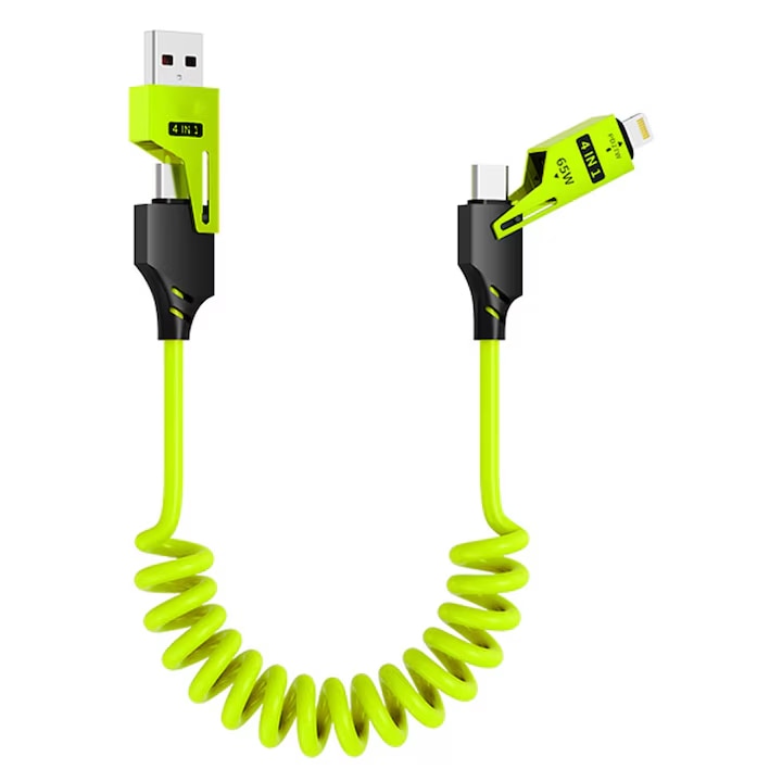 Cablu USB C 4-in-1 65W pentru masina Stone®, cablu Lightning de incarcare rapida, pentru iPhone iPad [CarPlay si Android Auto], cablu multiplu cu port Lightning/Tip C/USB A, 1.5m Verde