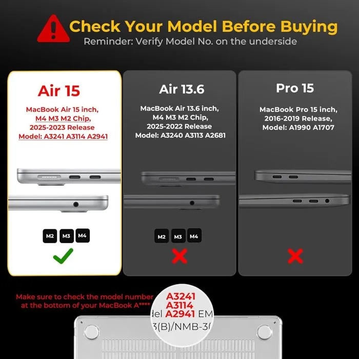 Husa compatibila cu MacBook Air 15 inch 2025 2024 2023, M4 A3241 M3 A3114 M2 A2941, cu folie de protectie pentru ecran si capac pentru tastatura