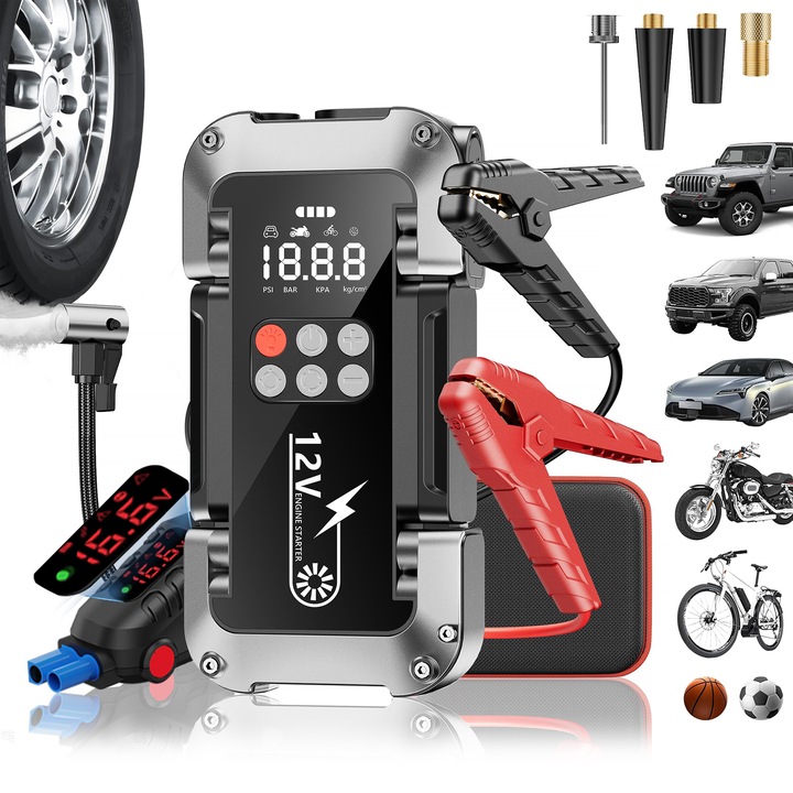 Starter Auto Multifunctional 4 in 1，Compresor Portabil，Folixs®，26000mAh，12V，150PSI，4000A Peak，Pentru toate motoarele pe benzina/8.0L Diesel，Display LCD，3 moduri de lumina LED，Protectie Inteligenta，clesti inteligenti incluse，Design Modern